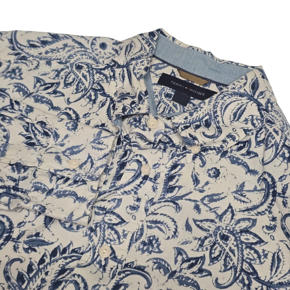 Tommy Hilfiger Button Down Men's Medium Blue White Floral Long Sleeve Shirt
